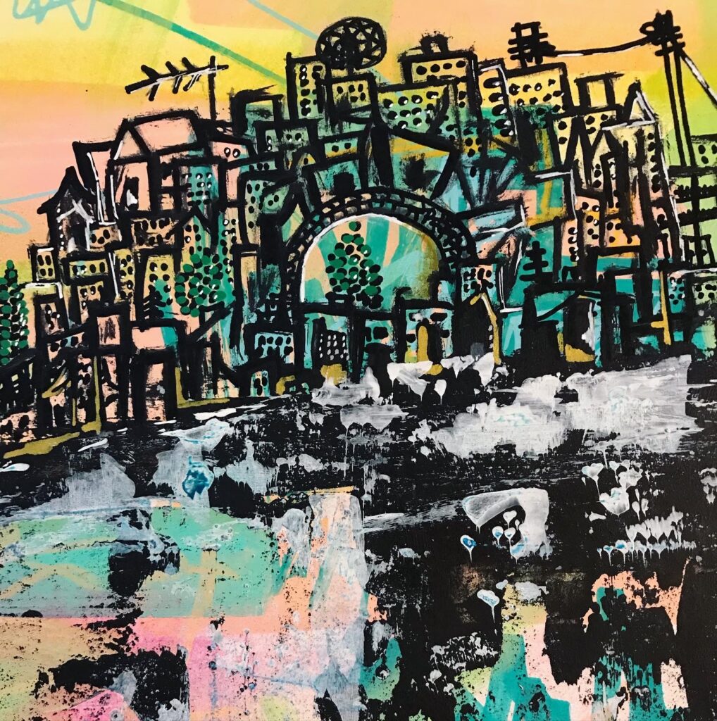arte acrílico sobre papel pueblo puente y acantilado en atardecer